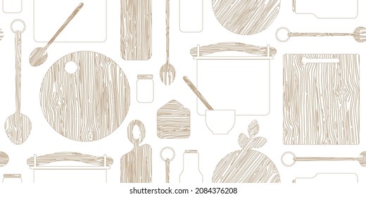 Seamless vector pattern with cutting board and utensils. Outline wooden kitchen utensils with jar, spoon, fork and saucepan isolated on white background. Culinary scandi trending background