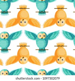 Seamless vector pattern with cyan, yellow owls spreading wings. Repetitive background with turquoise and yellow vector birds. Cute funny owls in the repetitive seamless vector pattern.