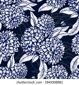 Seamless vector pattern with dahlia flowers. In blue colors. The pattern for ceramic tile, wallpapers, wrapping gifts, textile print. Vector illustration.