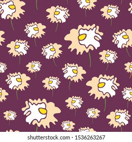 Seamless vector pattern with daisies.  Flowers on purple background. Simple wallpaper design.