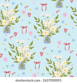 Seamless vector pattern with daisy bouquet, heart, star, flower, and bow. Pastel blue cute girly background.