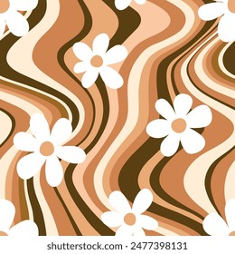 Seamless vector pattern with daisy flowers on wavy background. Hand drawn groovy vintage background. Perfect for textile, wallpaper or print design. 