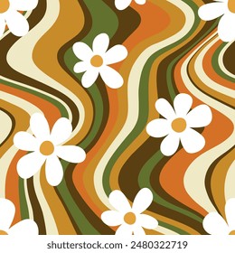 Seamless vector pattern with daisy flowers on wavy background. Hand drawn groovy vintage background. Perfect for textile, wallpaper or print design. 