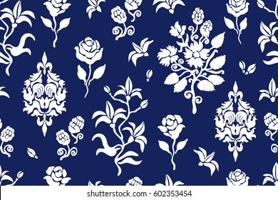 Seamless vector pattern with damask motifs. Vintage textile collection.