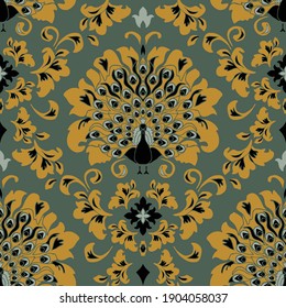 Seamless vector pattern with damask style peacock on grey blue background. Romantic luxury wallpaper design with bird. Golden vintage floral rococo fashion textile.