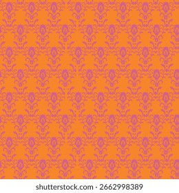 Seamless vector pattern in damask style using orange and pink hues on a vibrant background. Ideal for bold fabric and wallpaper design.