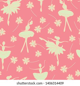 Seamless vector pattern with dancing ballerinas on pink background. Cute girly wallpaper design with people and flowers. 