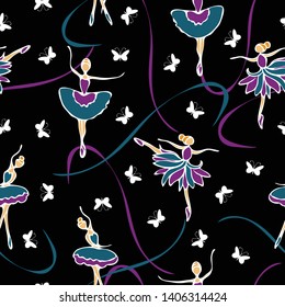 Seamless vector pattern with dancing ballerinas and butterflies on black background. Elegant girl repeat wallpaper design.