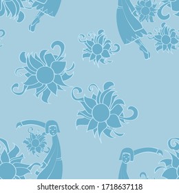 Seamless vector pattern of dancing ballerinas wearing blue dresses with smiling faces in pairs surrounded by daisy style flowers on a sky blue background 