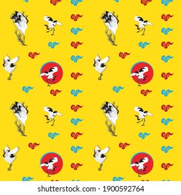 Seamless vector pattern with dancing cranes.