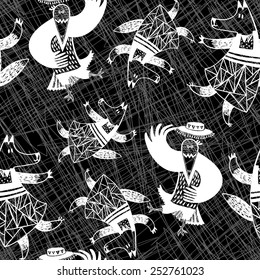 Seamless vector pattern with dancing fox and crow. Animal hand drawn background. Cartoon illustration.