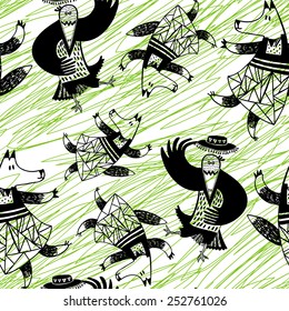 Seamless vector pattern with dancing fox and crow. Animal hand drawn background. Cartoon illustration.