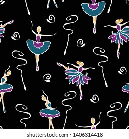 Seamless vector pattern with dancing girls on black background. Ballerina poses wallpaper design.
