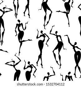 Seamless vector pattern with dancing girls. Silhouettes on white background.