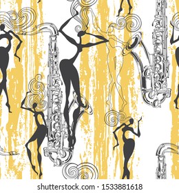 Seamless vector pattern with dancing girls and saxophone on a texture background.