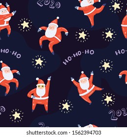 Seamless vector pattern with dancing Santa Claus in red costume, stars and Ho-ho-ho lettering. Dark background. Cute handdrawn flat style. Christmas concept for card, wrapping paper,  banner, poster.
