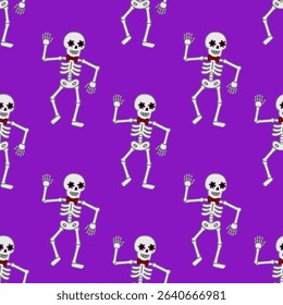Seamless vector pattern of dancing skeletons with floral eye decorations and red bow ties on a vibrant purple background, ideal for Halloween or Day of the Dead designs.