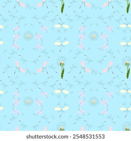 Seamless vector pattern with dandelion flower and flying dandelion fluff on transparent background