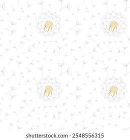 Seamless vector pattern with dandelion flowers and flying dandelion fluff on transparent background