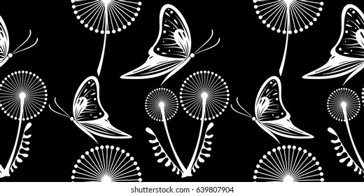 Seamless vector pattern with dandelions, butterflies. Graphic drawn illustration. Floral decorative Background with cute insect. Template for wrapping, web, fabric, decor, surface