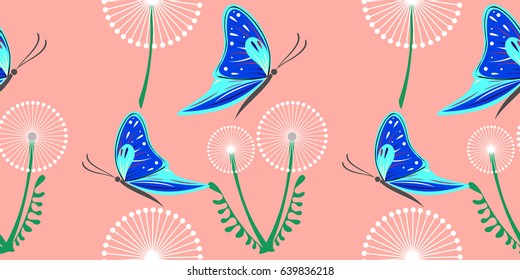 Seamless vector pattern with dandelions, butterflies. Graphic drawn illustration. Floral decorative Background with cute insect. Template for wrapping, web, fabric, decor, surface