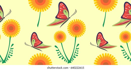 Seamless vector pattern with dandelions, butterflies. Graphic drawn illustration. Floral decorative Background with cute insect. Template for wrapping, web, fabric, decor, surface