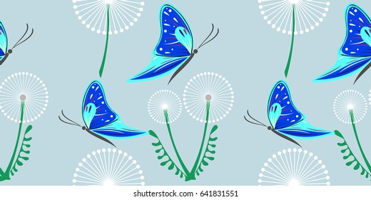 Seamless vector pattern with dandelions, butterflies. Graphic drawn illustration. Floral decorative Background with cute insect. Template for wrapping, web, fabric, decor, surface