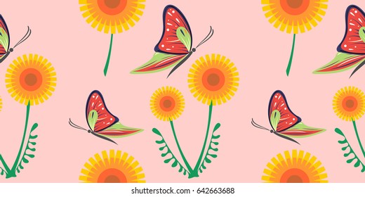 Seamless vector pattern with dandelions, butterflies. Graphic drawn illustration. Floral decorative Background with cute insect. Template for wrapping, web, fabric, decor, surface