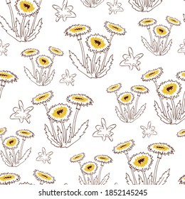 Seamless vector pattern with dandelions on white background. Simple floral line art wallpaper design. Artistic flower fashion textile.