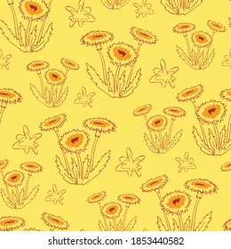 Seamless vector pattern with dandelions on yellow background. Simple floral line art wallpaper design. Wildflower fashion textile.