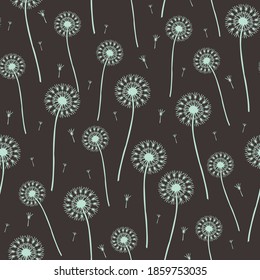 Seamless vector pattern with dandelions on grey background. Gentle soft decorative wallpaper design. Make a wish fashion textile.