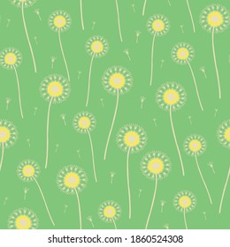 Seamless vector pattern with dandelions on soft green background. Beautiful floral wallpaper design. Delicate flower fashion textile.