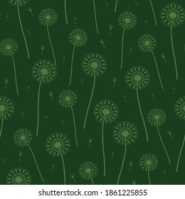 Seamless  vector pattern with dandelions on green background. Make a wish wallpaper design. Decorative floral fashion textile.