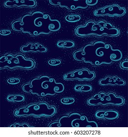 Seamless vector pattern. Dark background with clouds. Line art. Dot work.
