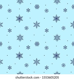 Seamless vector pattern with dark blue snowflakes on a sky blue packground