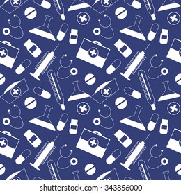 Seamless vector pattern, dark blue chaotic background with medical tools and pills.