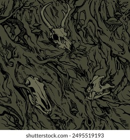 
Seamless vector pattern in dark colors. Black hand drawing on a dark grey-green background. Animal skulls, branches, roots and tree mushrooms.