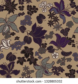 Seamless vector pattern with dark exotic flowers on beige background. Boho folk all over pattern. Simple sketchy drawing. 