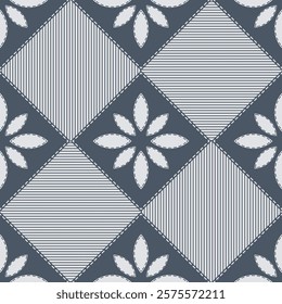 Seamless vector pattern dark gray and white cheater quilt diamond shapes with flowers and stripes