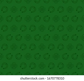 Seamless vector pattern with dark green clover leaves, shamrock and Horseshoe on a green backdrop for St. Patrick's Day. Spring fest background for greetings card, decor, flyer, print, packaging etc.