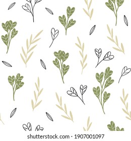 Seamless vector pattern with dark green leaves, beige branches and sketched elements. Botanical illustration. Heart-shaped leaves. 