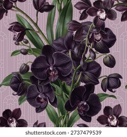 Seamless vector pattern with dark orchid flowers isolated on a changeable background with geometric Art Nouveau elements.
