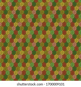 Seamless vector pattern. Dark outlines of birch, beech and linden leaves of green, yellow, red, pink and brown color. Nature themed tiled motif for wrapping or textile. Flat autumn illustration.