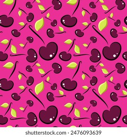 Seamless vector pattern with dark red berries and green leaves on a pink background. Berry print for textiles, paper, surfaces.