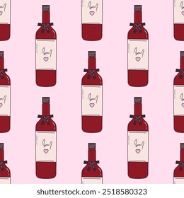 Patrón de Vector sin fisuras con botellas de vino rojo oscuro. Bebida alcohólica sobre fondo rosa. Símbolo de celebración. Papel de embalaje, Fondo de pantalla, diseño textil