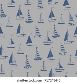 Seamless vector pattern with dark ships on a gray background. Cute child illustration. Sea transport. Cartoon spring pattern.