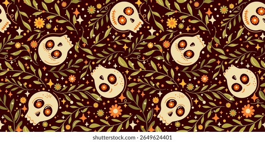 Seamless vector pattern for Day of the Dead, Dia de los Muertos or Halloween. Decorative, artistically drawn sugar skulls calaveras with flowers, twig leaves, and sparkles on a dark background.