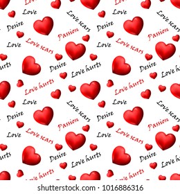 Seamless vector pattern for Valentine’s day with red hearts and text “love hurts, love scars”. Can be used for stickers, gift wrapping paper, greeting cards, posters, banner design, fabrics, textile