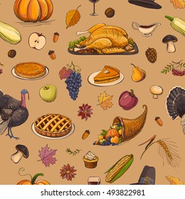 A seamless vector pattern to the day of Thanksgiving. Colored sketches on a brown background