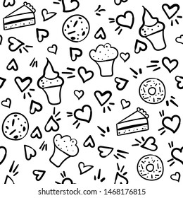 Seamless vector pattern in ddodle style with hearts, cupcakes, donuts. cookies and cakes. Hand drawn Illustration 
